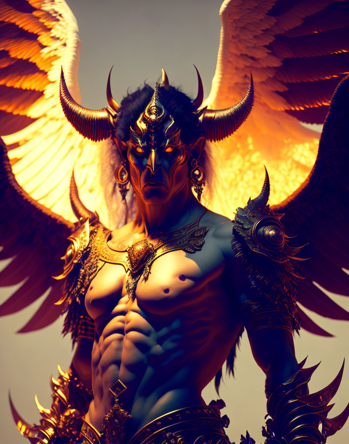 Golden-horned, winged figure in armor on warm background