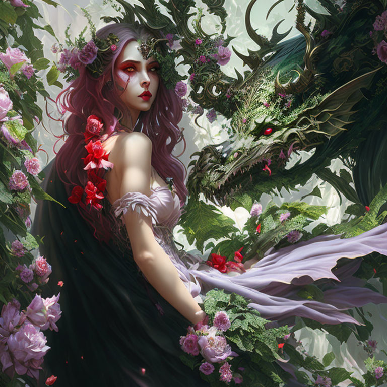 Fantasy illustration of woman with purplish hair and green dragon in floral setting