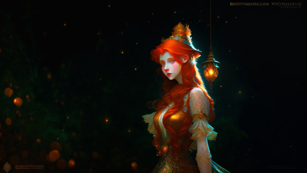 Red-haired woman in golden gown with glowing elements on dark bokeh-lit background