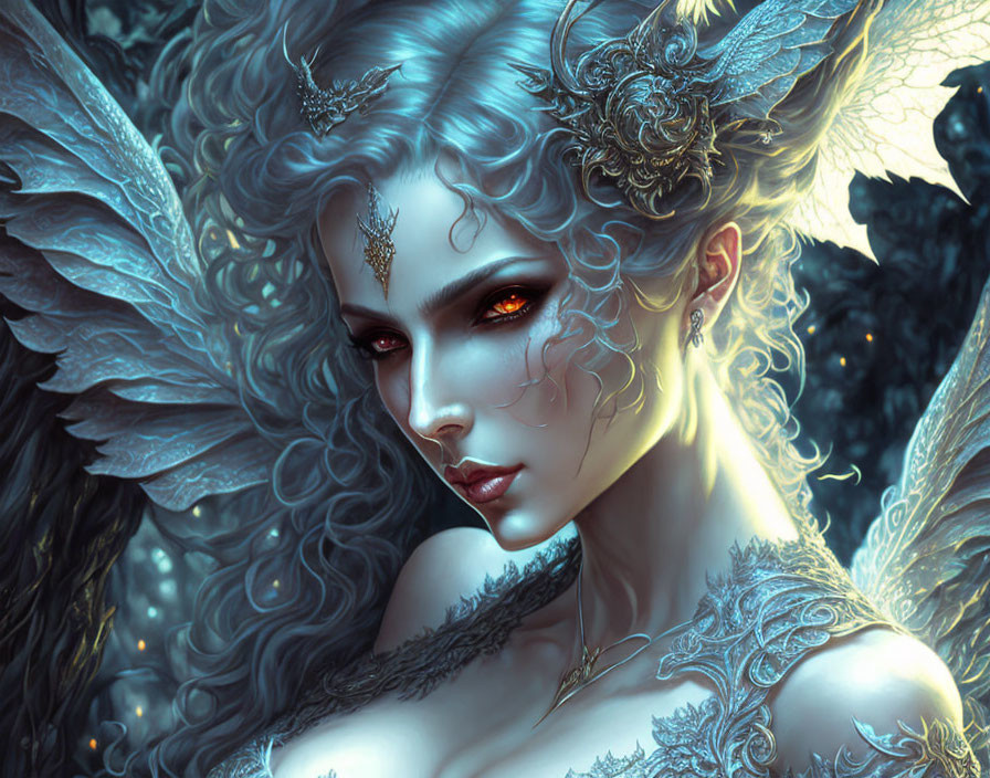 Fantasy illustration of female figure with silver hair and wings in enchanted forest
