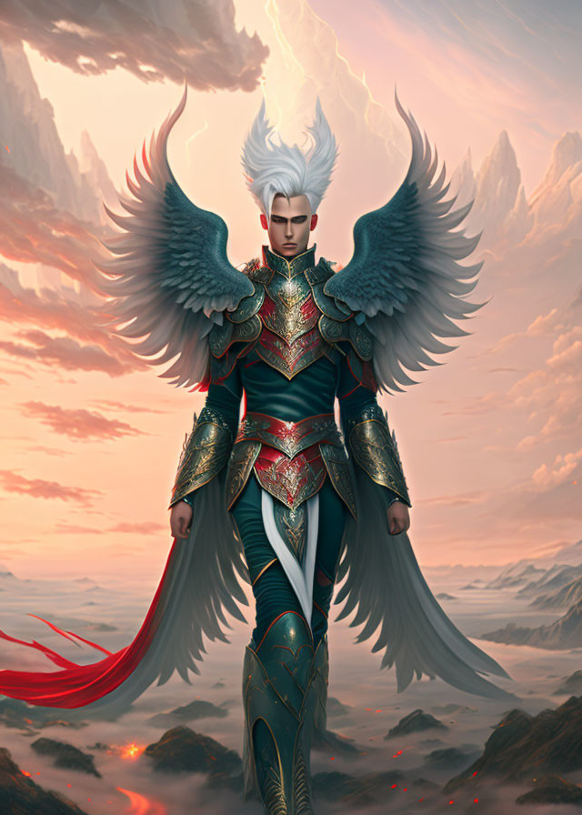 Majestic angelic being with large wings and ornate armor in dramatic sky