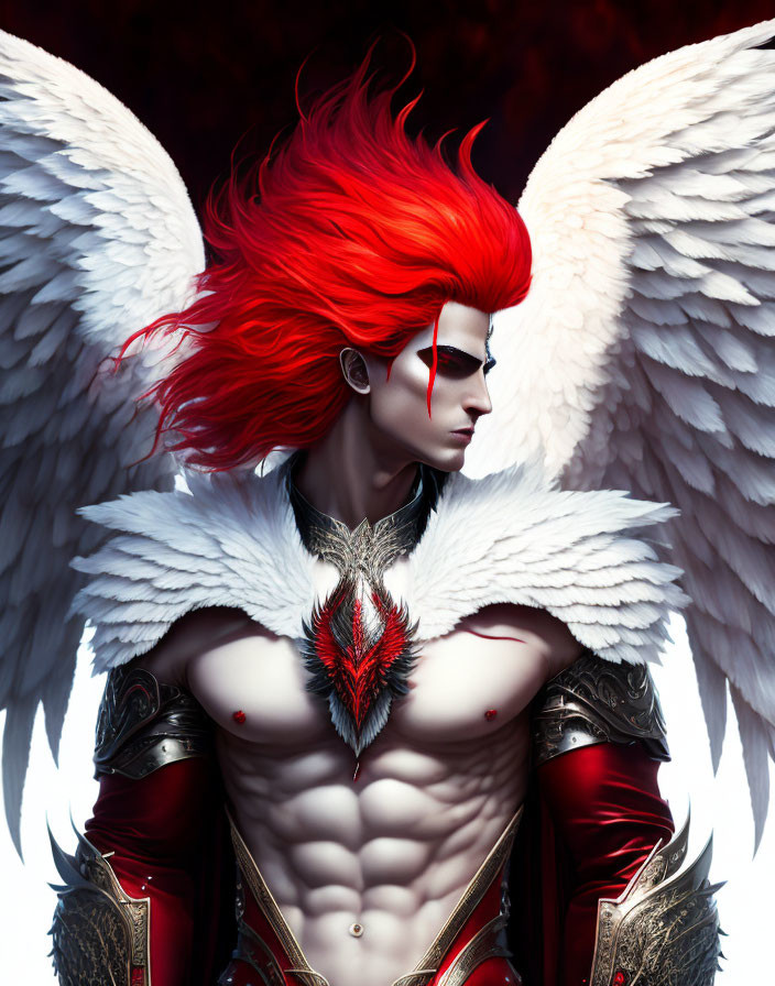 Fantastical male figure with red hair and white angel wings in ornate red and silver armor