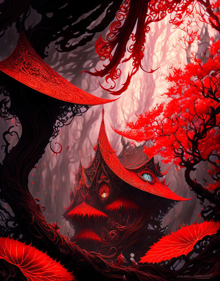 Fantastical red and black tree artwork with glowing eyes and small white figure