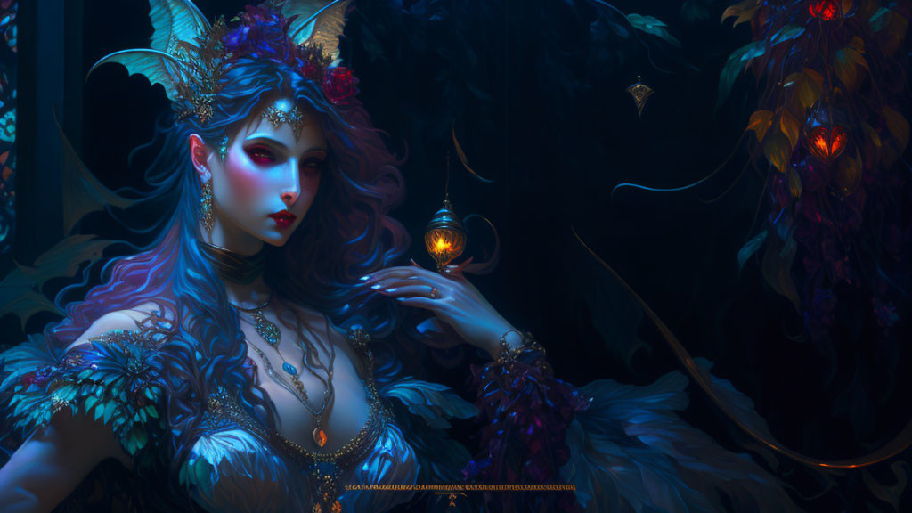 Mystical female figure in feathered attire, fantasy forest with glowing orbs