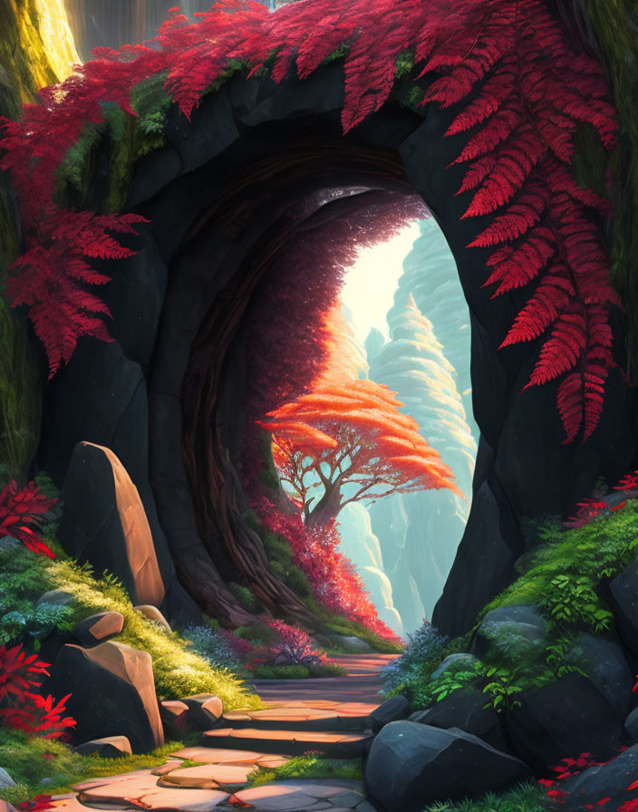 Mystical forest path with stone archway and red foliage