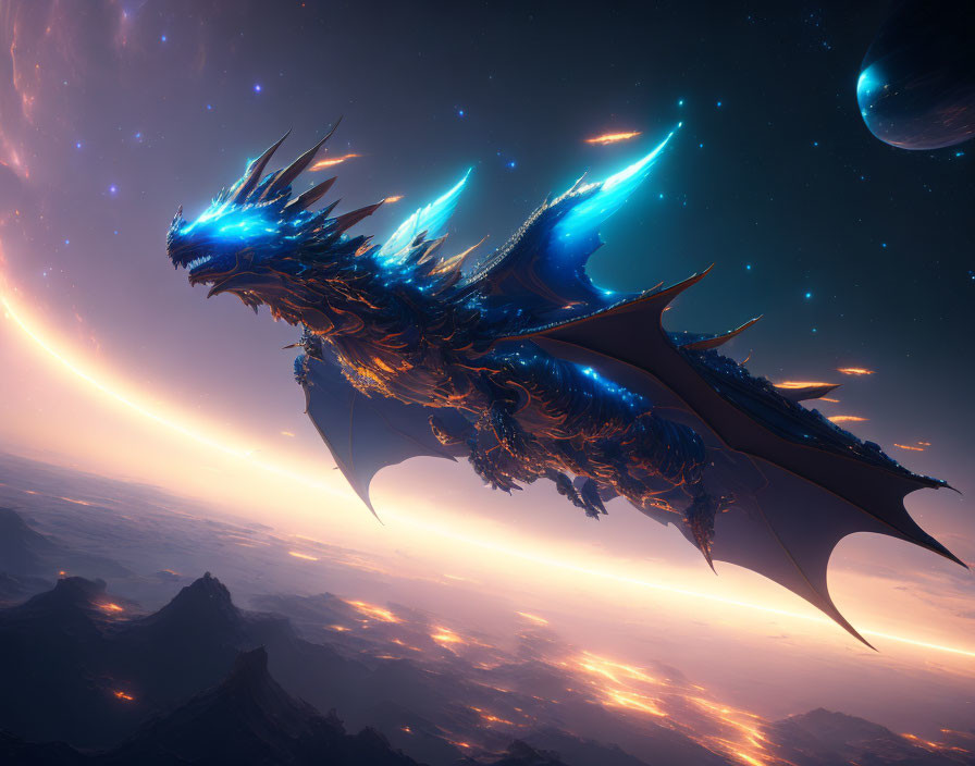Blue dragon flying over fiery alien planet with rings in space