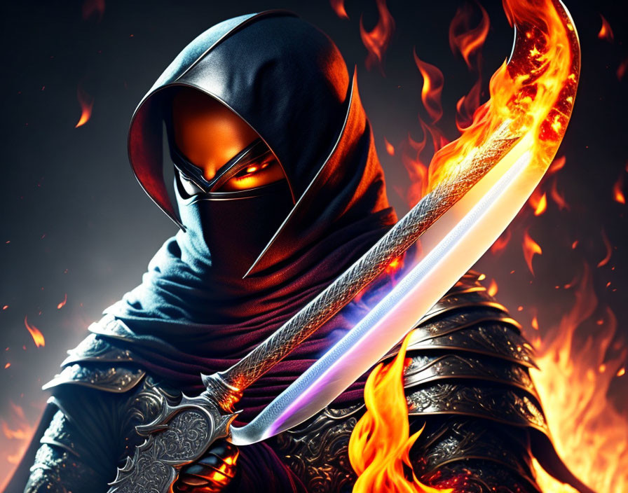 A ninja holding a silver sword with flames emanati