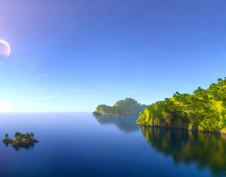 Tranquil coastal scene with lush green peninsula and small island under clear blue sky