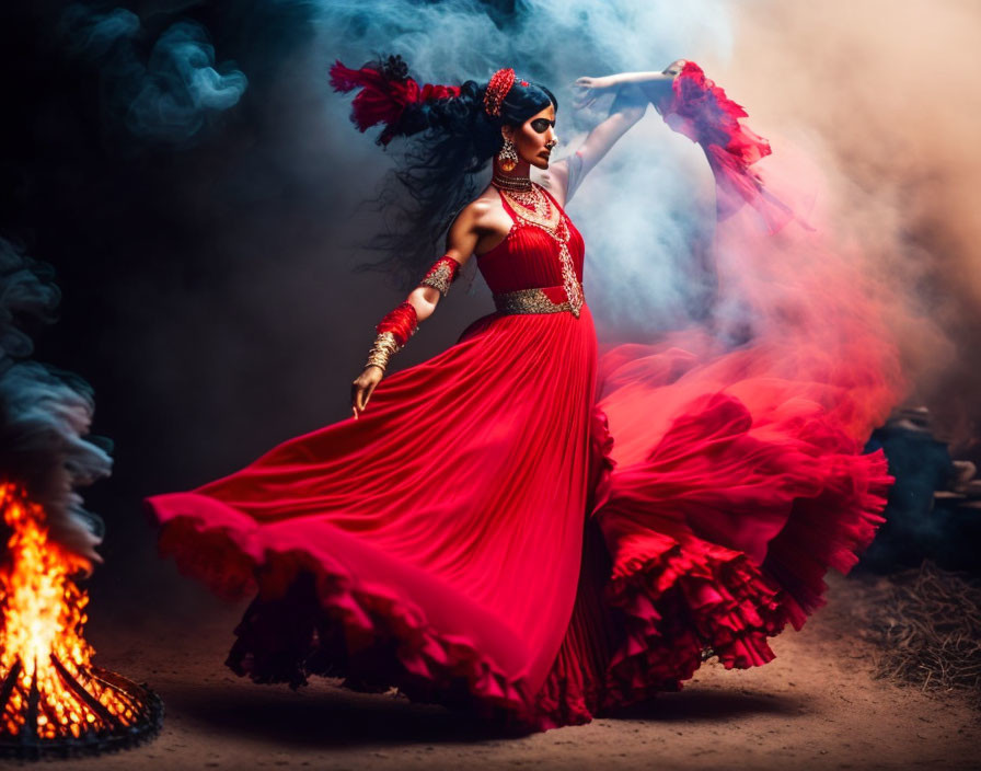 A sad gypsy dancer wearing a red dance dress and d