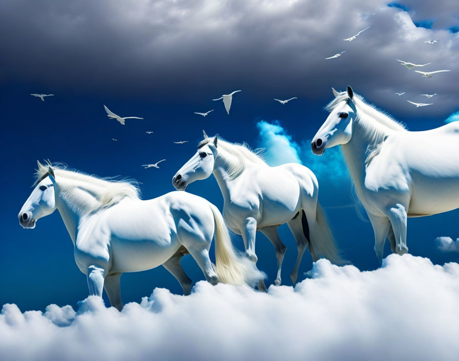 A large group of white horses flying above the clo