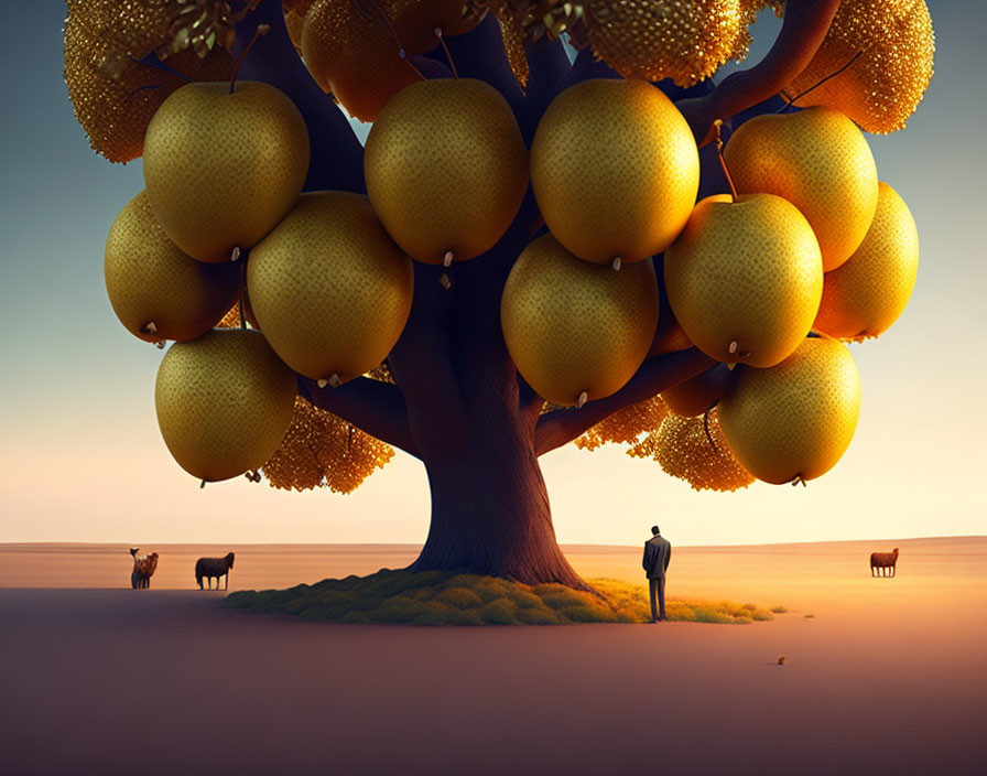 Surreal image of large citrus tree, person, and cows under gradient sky