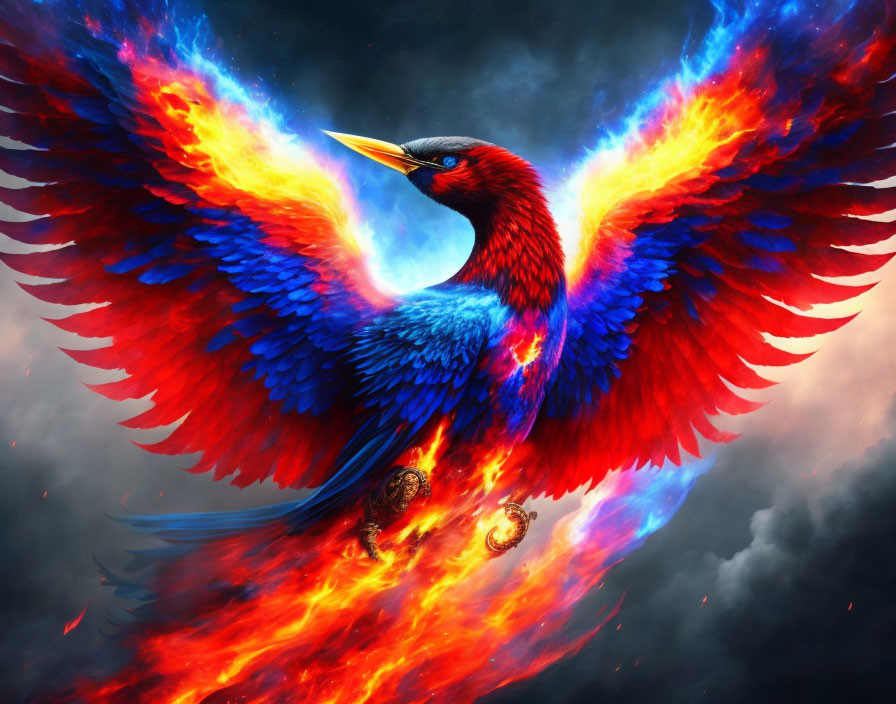 Colorful Phoenix Digital Artwork with Fiery Wings and Stormy Sky
