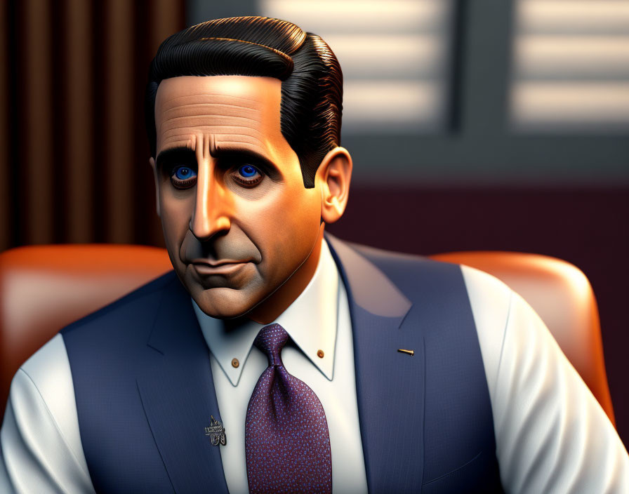 Stylized 3D illustration of a man in suit and tie with exaggerated facial features against blurred