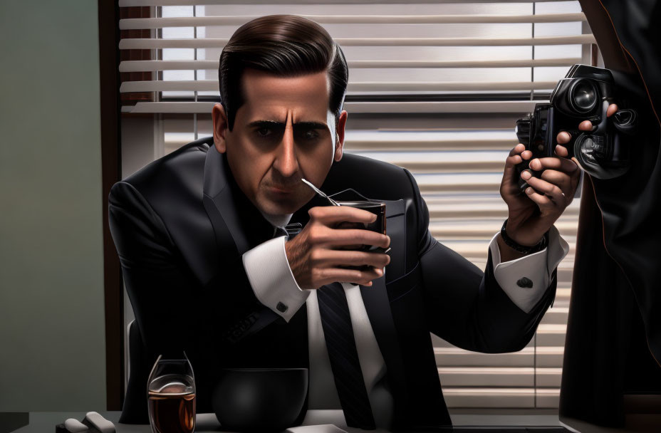 Illustration of man in suit sipping drink with camera-wielding hand, hinting at surveillance.