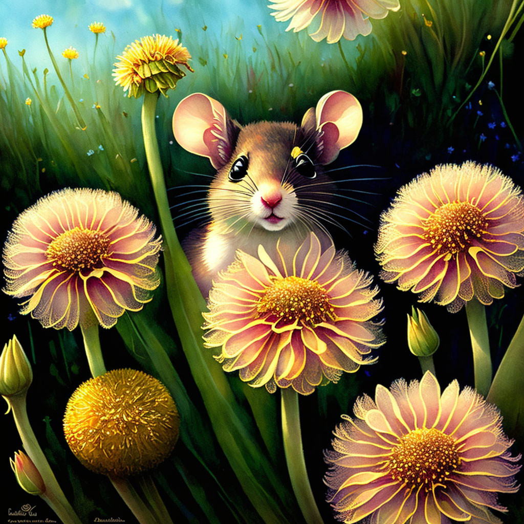 Illustration of cute mouse in vibrant flower garden