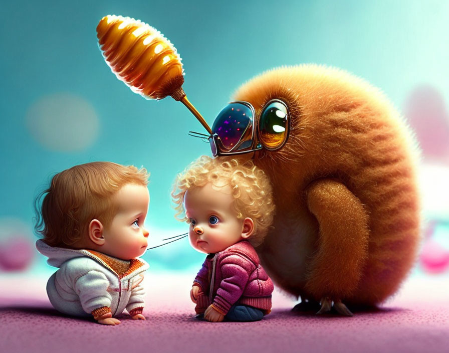 Fluffy orange creature with big eyes interacts with two toddlers