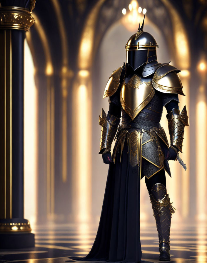 Knight in Golden and Black Armor in Grand Hallway