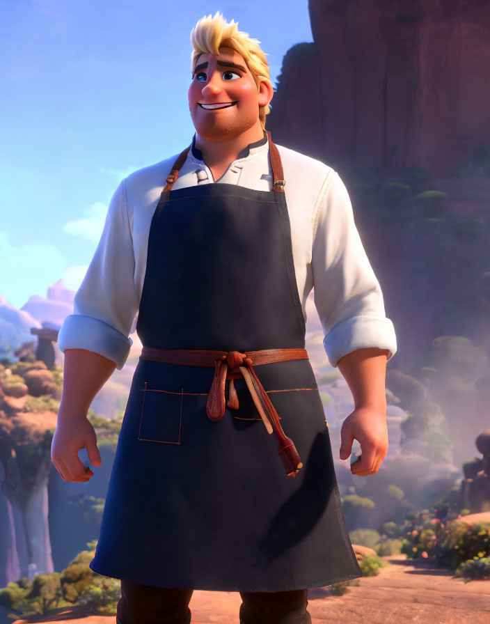 Blond-Haired Male Animated Character in White Shirt and Brown Leather Apron