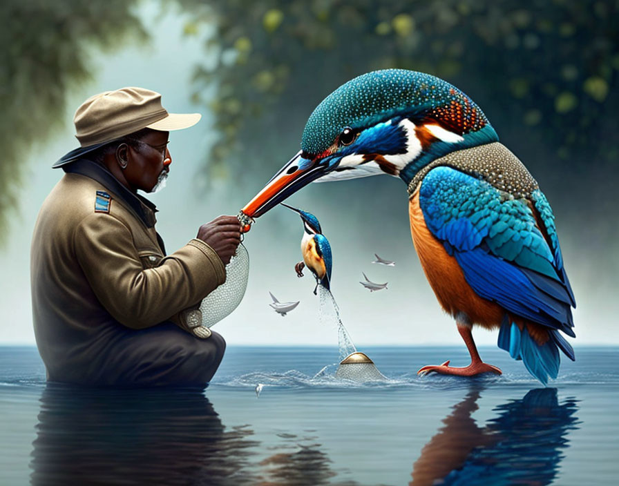 Man in hat exchanges pen with giant kingfisher bird in foggy water scene