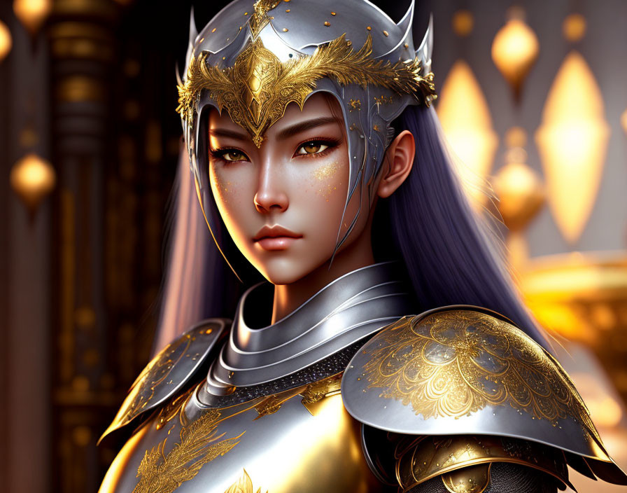 Female Warrior Digital Artwork in Ornate Golden Armor and Helmet on Warm Background