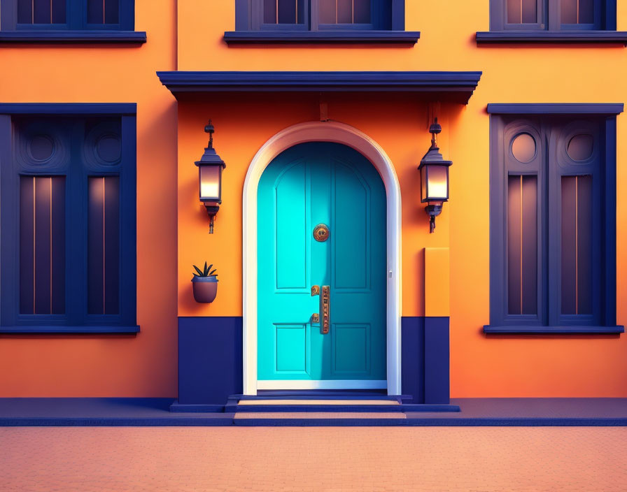 Vibrant Orange Building with Blue Arched Door and Lanterns