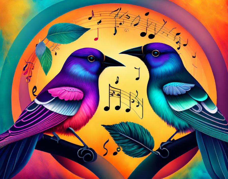 Colorful Stylized Birds with Musical Notes on Gradient Background