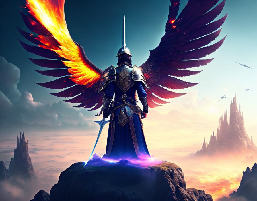 Armored knight with fiery wings holding glowing sword on rock with dramatic sky.