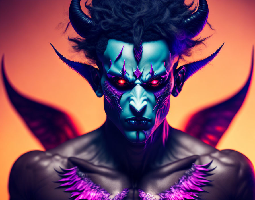 Digital artwork of blue-skinned menacing character with red eyes, black horns, purple feathers on orange background
