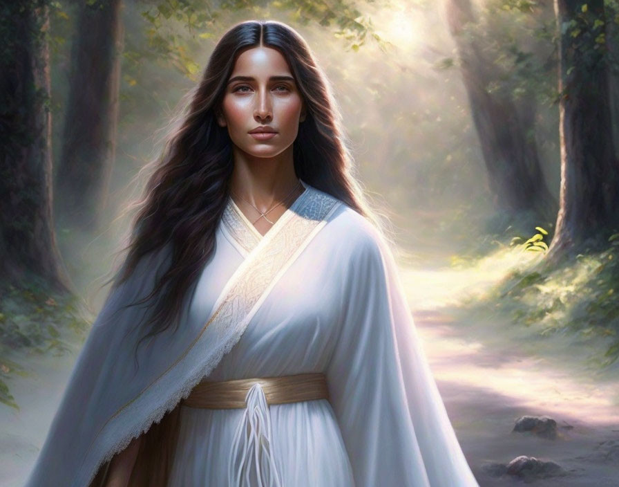 Ethereal woman in white robe in sunlit forest clearing