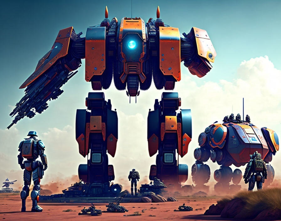 Armored mech with heavy weaponry on barren landscape with smaller robots and tank under vast sky