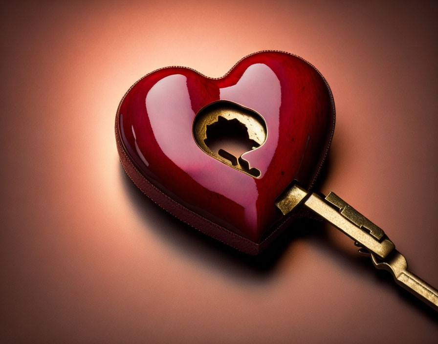 Heart-shaped Padlock with Key on Warm Background: Glossy Design Feature