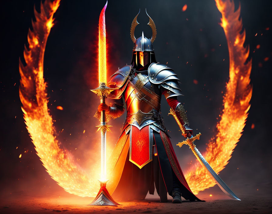 Medieval knight with sword and shield facing fiery Phoenix.