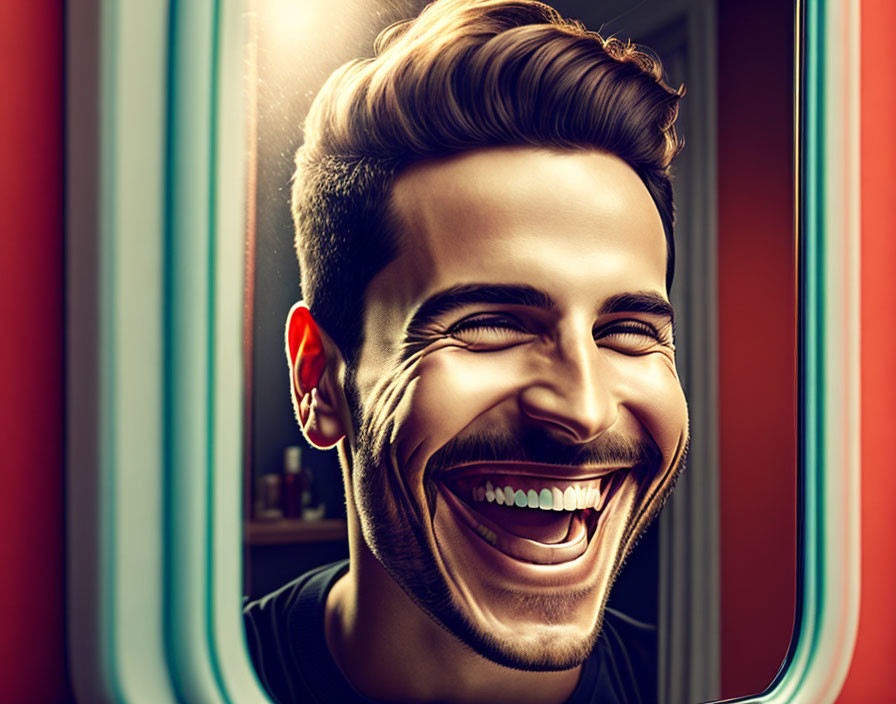 Colorful Light Reflections Surrounding Laughing Man with Stylized Hair and Beard
