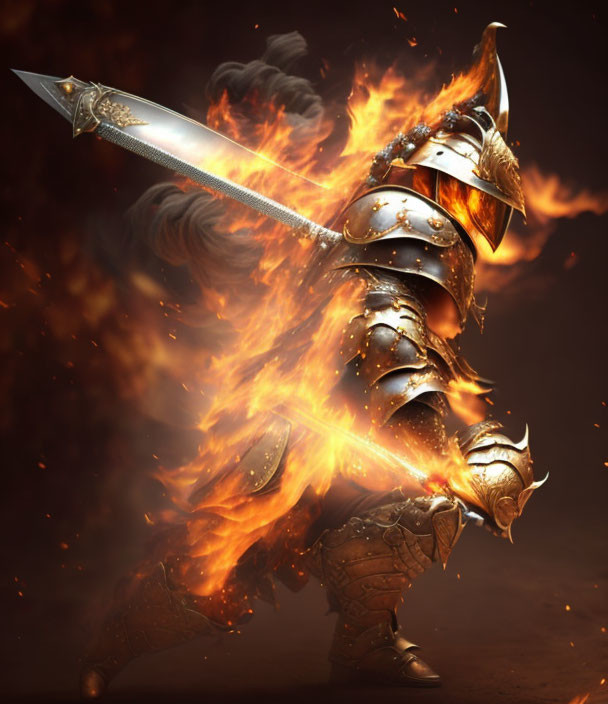Knight in detailed flaming armor with sword and helmet engulfed in smoke and fire