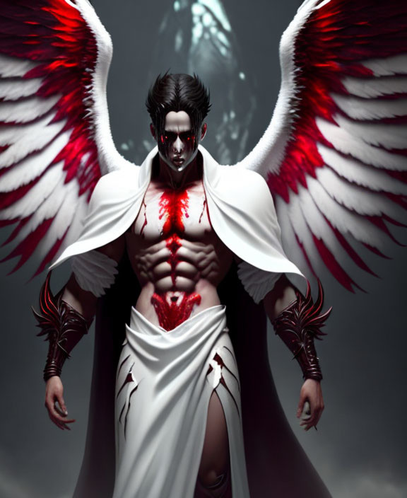 Male figure with white and red wings, muscular torso, draped garment, enigmatic expression