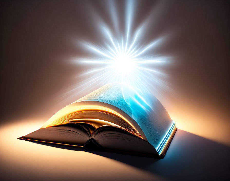 Illuminated open book with glowing pages and burst of light on dark background