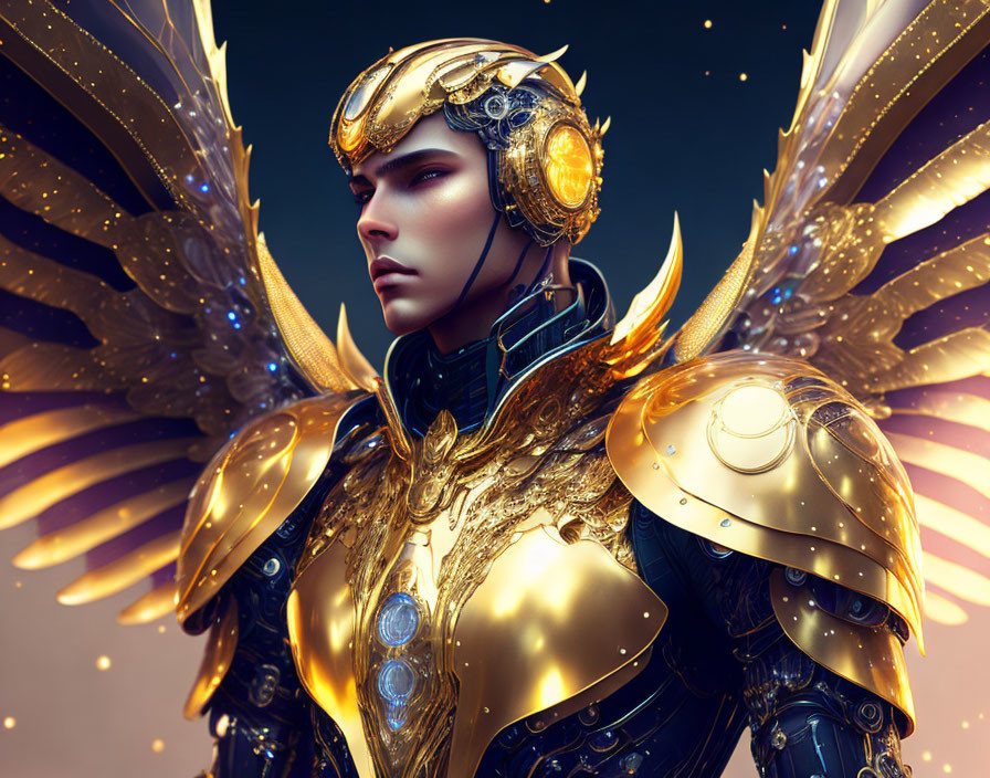 Person in ornate golden armor with winged shoulder plates on starry background