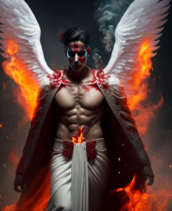 Person with white wings and painted face in flames with mystical aura