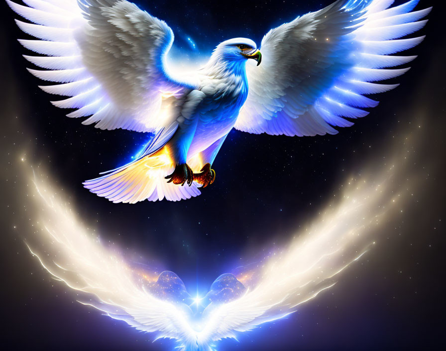Colorful Eagle Soaring with Outstretched Wings in Starry Night Sky