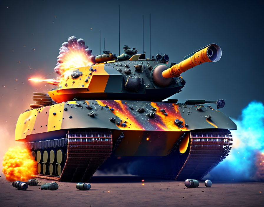 Colorful Tank Illustration with Exaggerated Features and Fiery Explosions