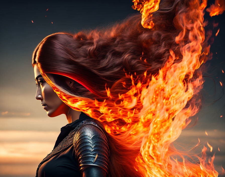 Portrait of Woman with Fiery Hair in Sunset Sky