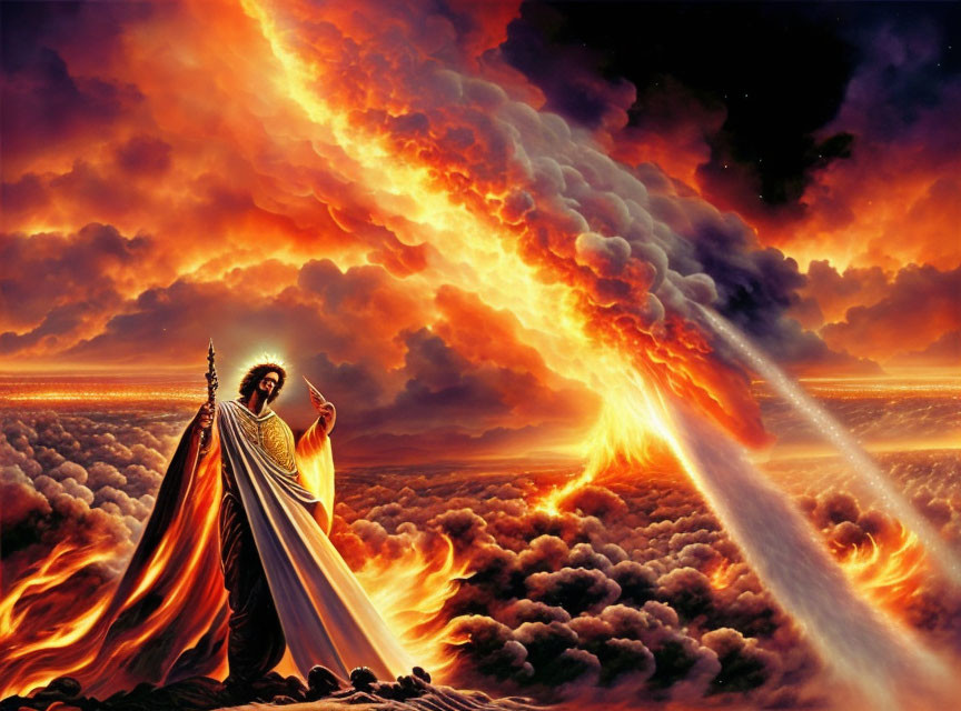 Majestic figure with staff on clouds under fiery sky and divine light