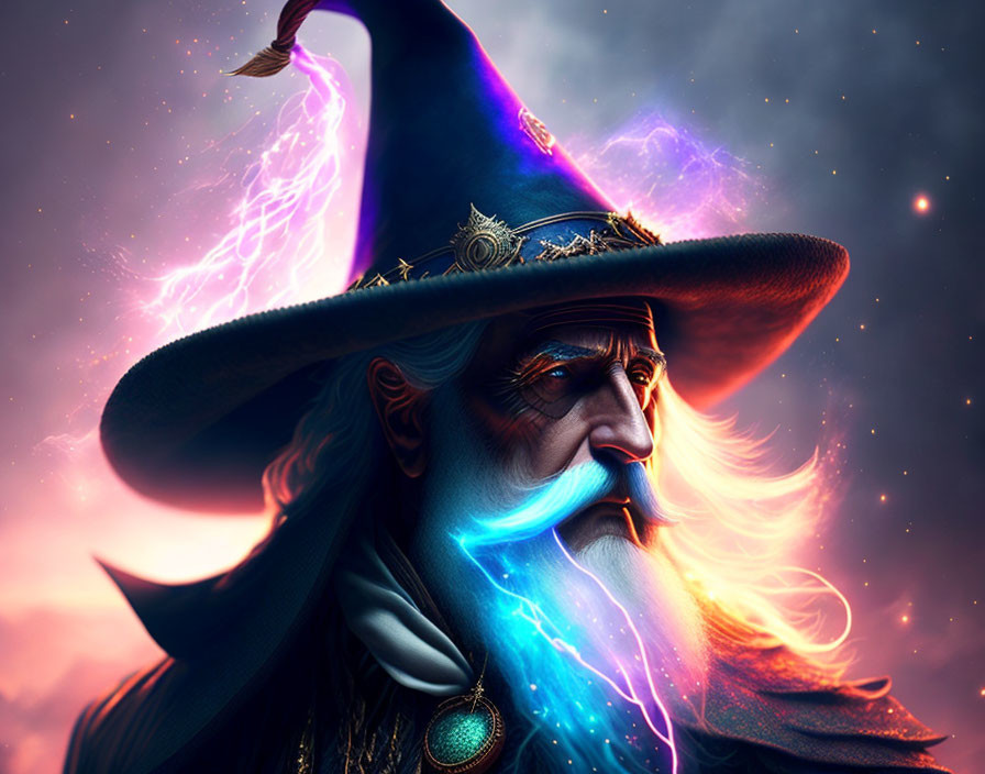 Wizard digital artwork: bearded figure in blue hat conjuring lightning