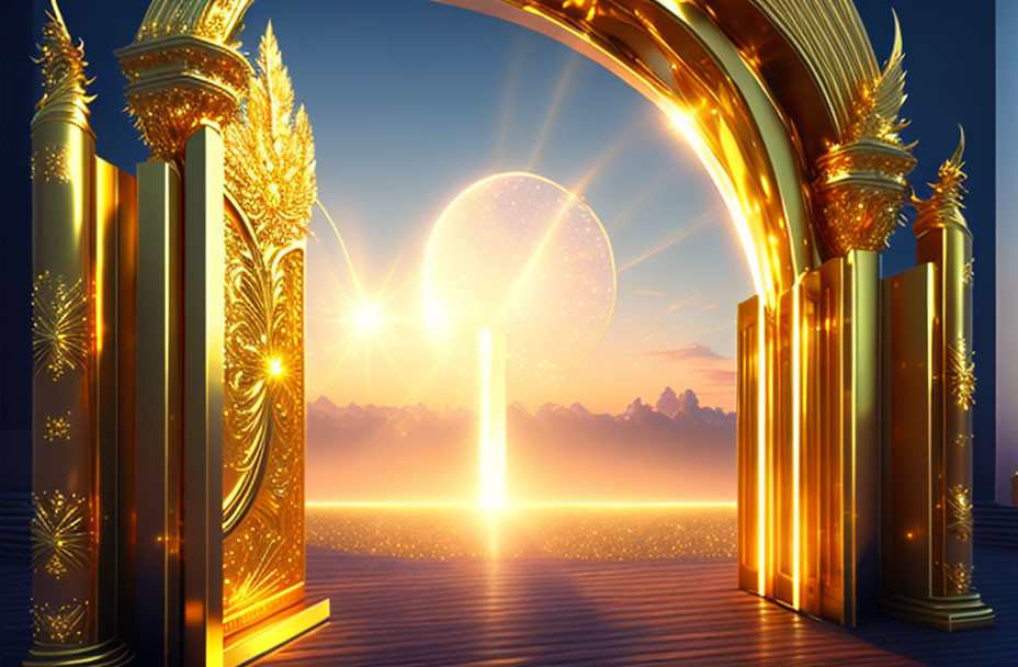 Golden Gates Opening to Radiant Sunset and Glowing Pathway