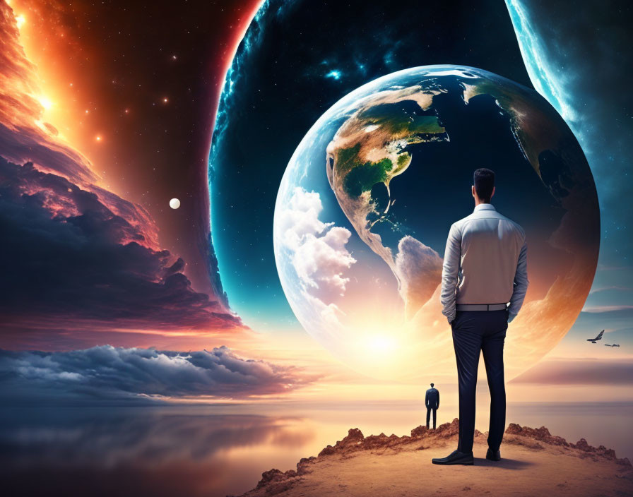 Man in shirt gazes at enormous Earth in cosmic scene