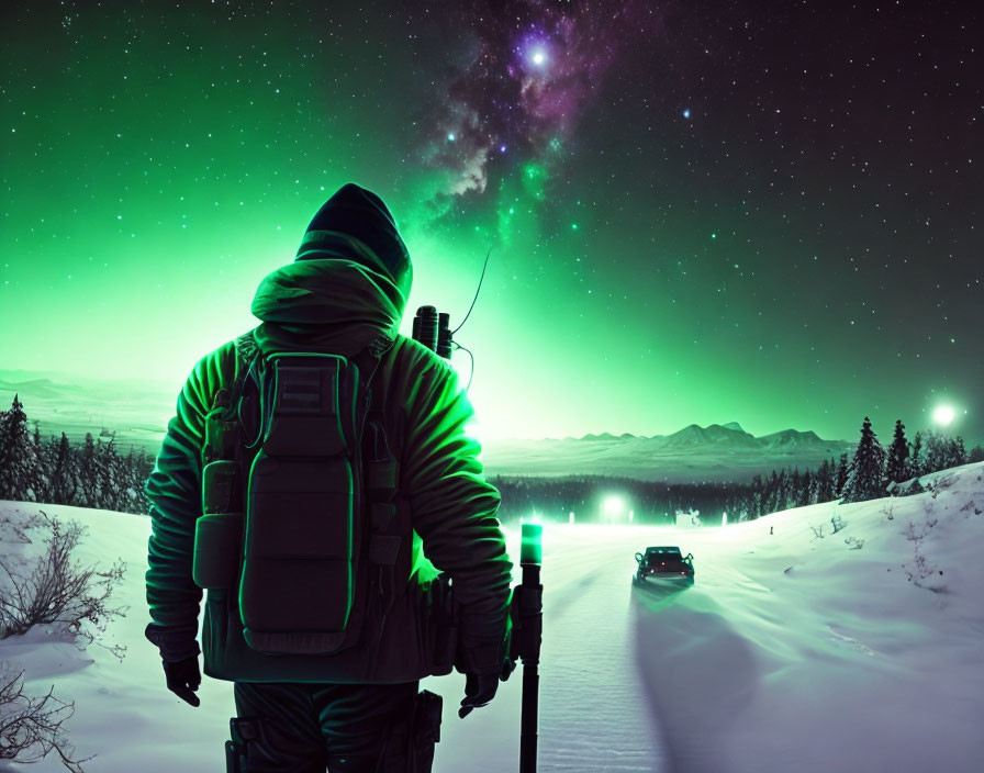 Person in Winter Gear Watching Aurora Borealis and Snowy Landscape