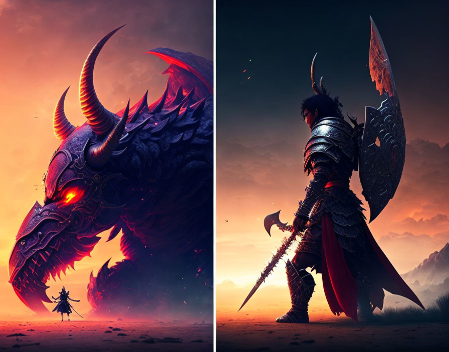 Massive dragon confronts armored warrior in sunset landscape