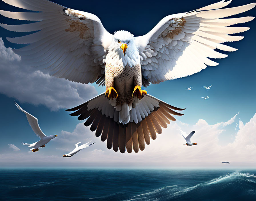 Majestic eagle illustration soaring over ocean with seagulls and sailing boats