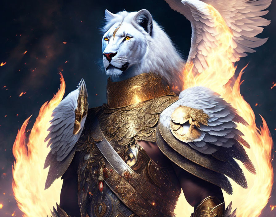 Majestic white lion with wings and golden armor on dark background