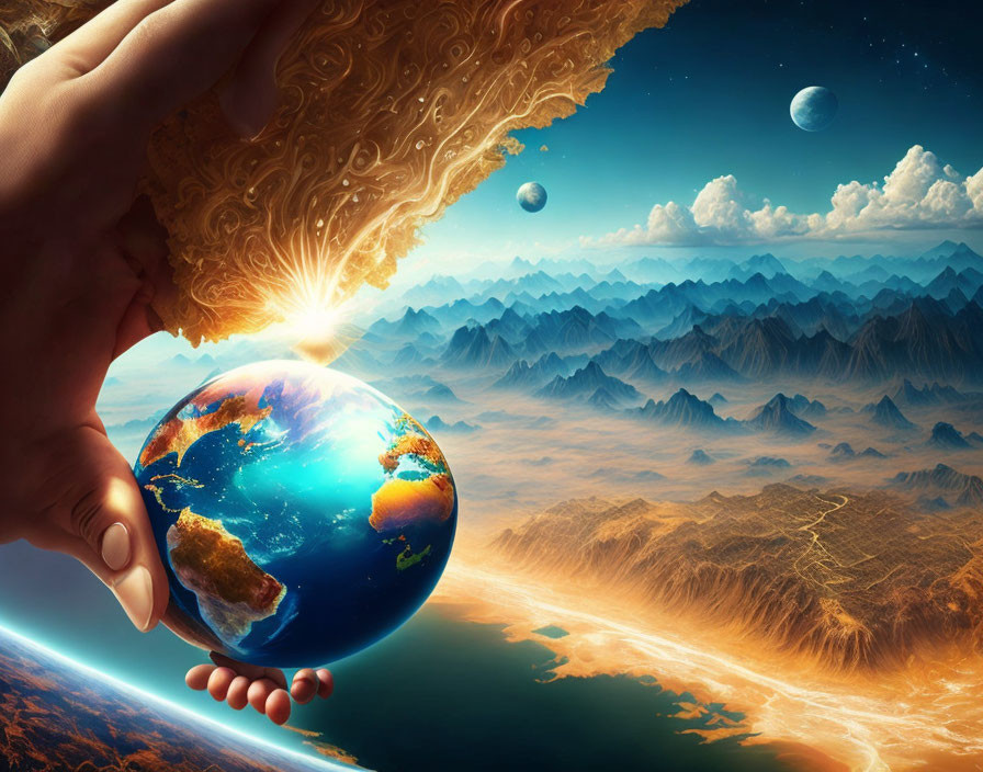 Surreal image of hand holding vibrant Earth over fantastical landscape